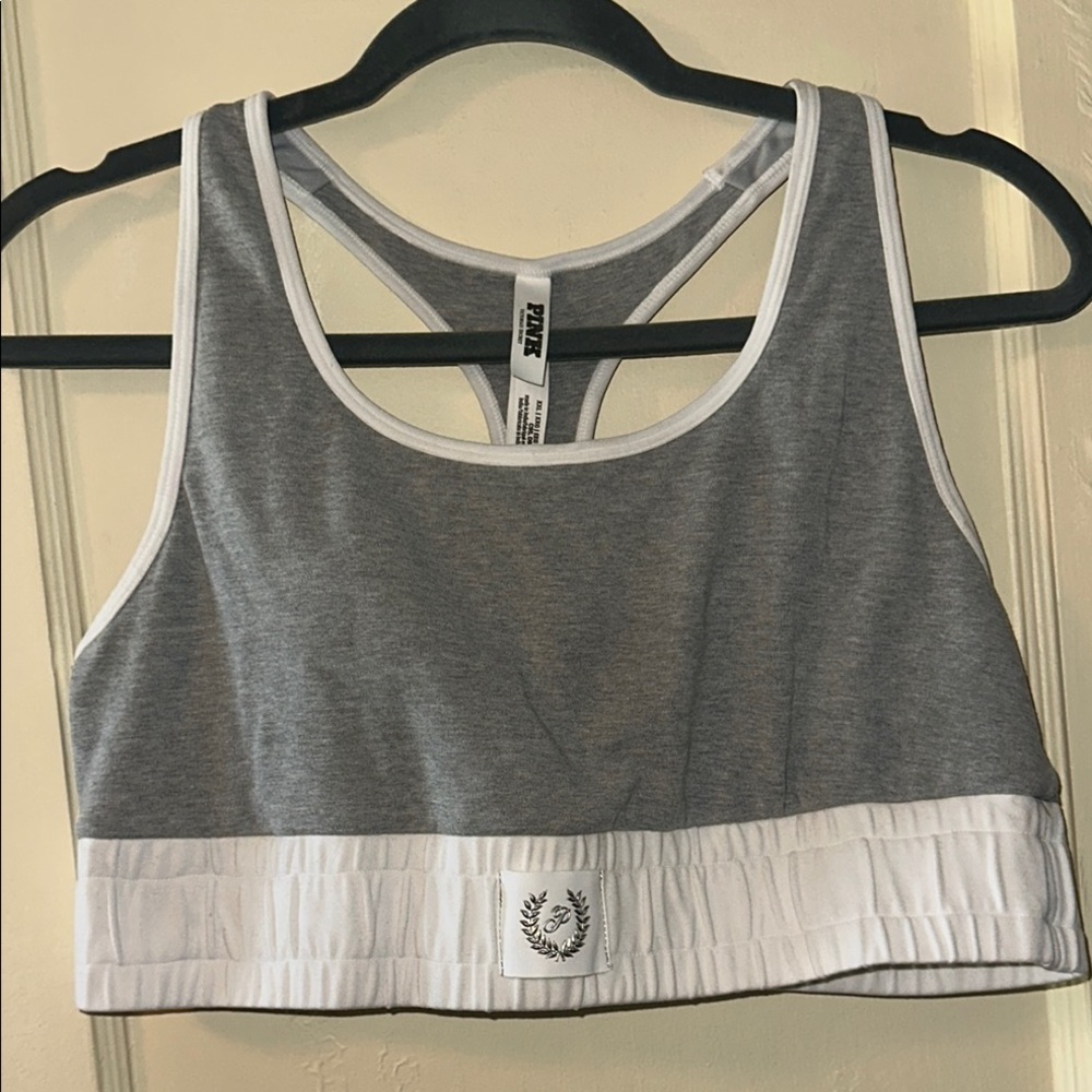 PINK Victoria's Secret Gray and White Racerback Sports Bra